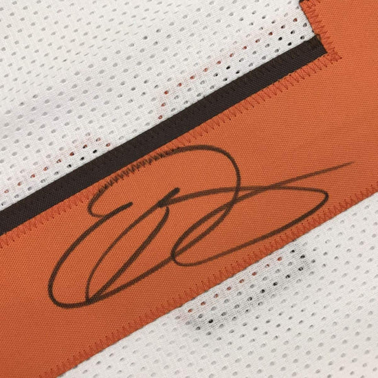 Framed Autographed/Signed Odell Beckham Jr. 33x42 Cleveland White Football Jersey JSA COA