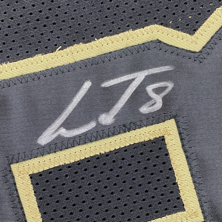 Framed Autographed/Signed Lamar Jackson 33x42 Baltimore Blackout Football Jersey JSA COA