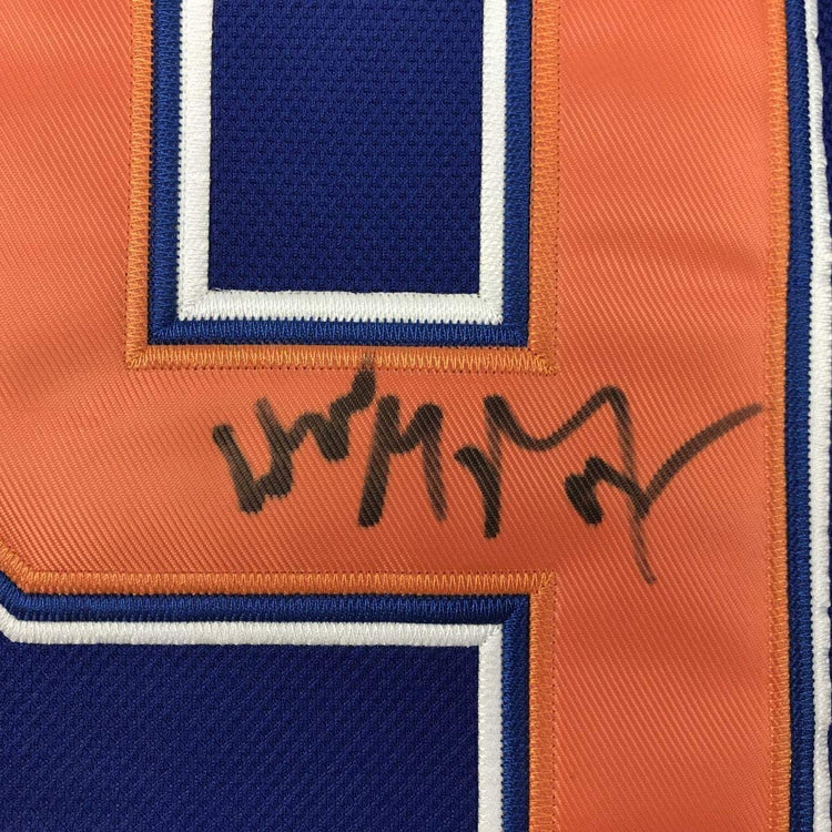 Framed Autographed/Signed Wayne Gretzky 33x42 Edmonton Blue Hockey Jersey PSA/DNA COA/LOA