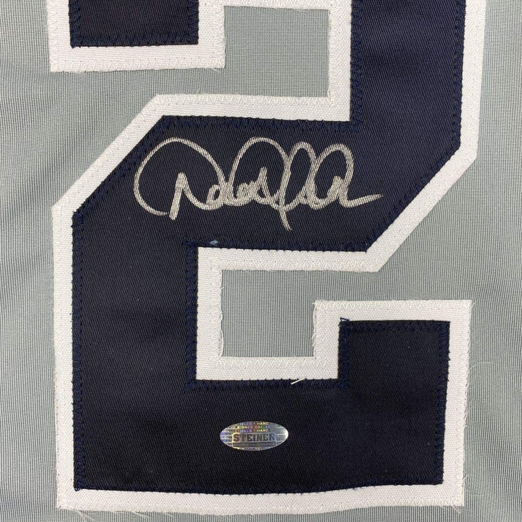 Framed Autographed/Signed Derek Jeter 33x42 New York Grey Baseball Jersey Steiner Sports COA Hologram Only