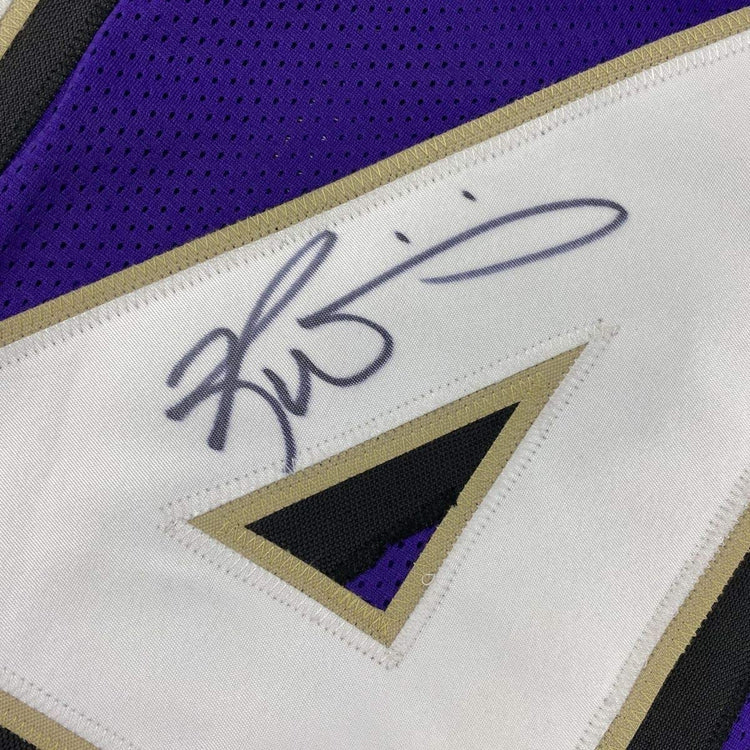 Framed Autographed/Signed Ricky Williams 33x42 Baltimore Purple Football Jersey Beckett BAS COA