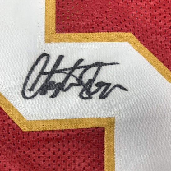 Framed Autographed/Signed Christian Okoye 33x42 Nigerian Nightmare Kansas City Red Football Jersey PSA/DNA COA