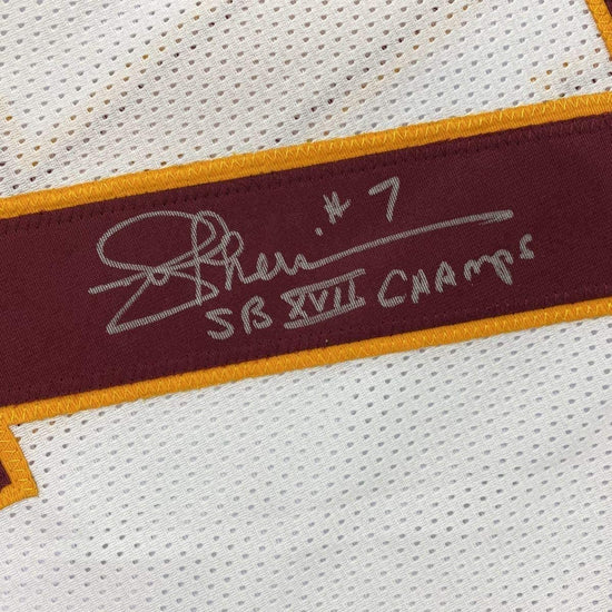 Framed Autographed/Signed Joe Theismann SB XVII Champs 33x42 Washington White Football Jersey JSA COA