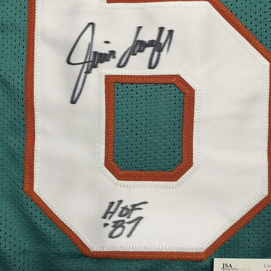 Framed Autographed/Signed Jim Langer"HOF 87" 33x42 Miami Dolphins Teal Football Jersey JSA COA