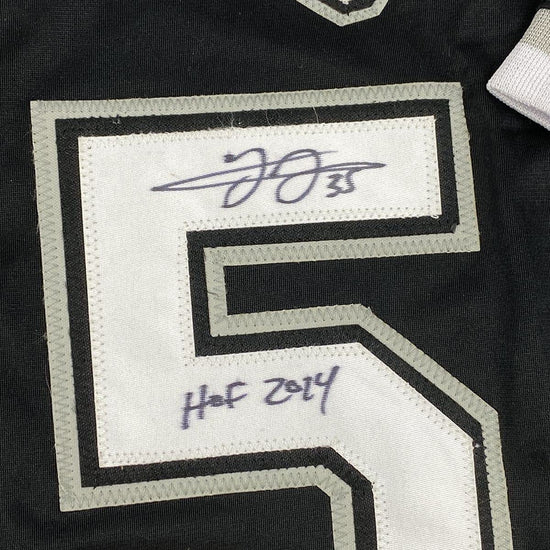 Framed Autographed/Signed Frank Thomas HOF 2014 33x42 Chicago Black Baseball Jersey JSA COA