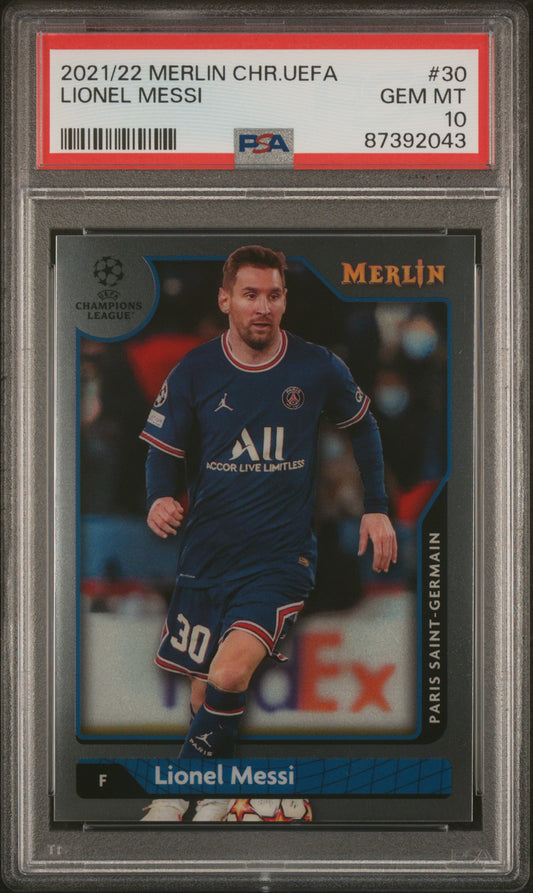 Graded 2021 Topps Merlin Chrome UCL Lionel Messi #30 UEFA Champions League Soccer Card PSA 10 Gem Mint