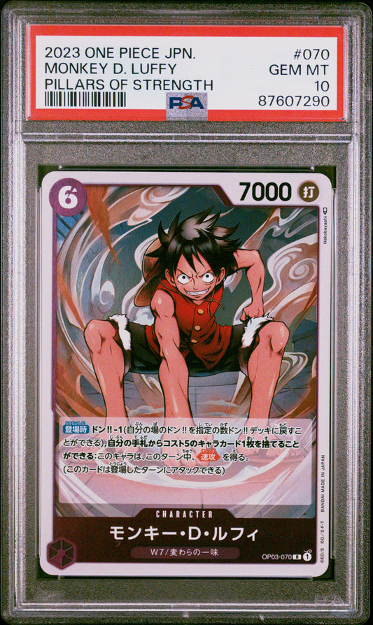 Graded 2023 One Piece OP03 Japanese Monkey D. Luffy #070 Pillars of Strength Trading Card Game PSA 10 Gem Mint