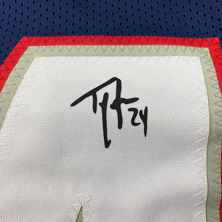 Framed Facsimile Autographed Ty Law 35x39 New England Blue Reprint Laser Auto Football Jersey
