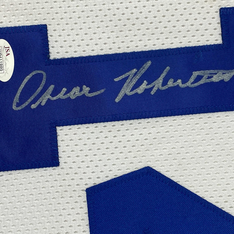 Framed Autographed/Signed Oscar Robertson 35x39 Cincinnati White Basketball Jersey JSA COA
