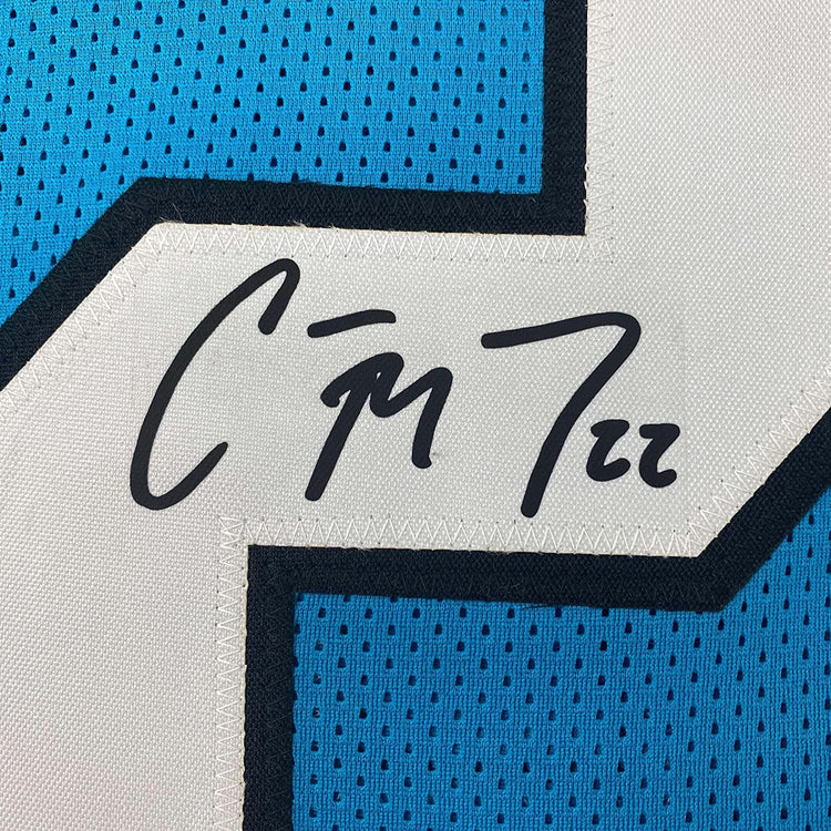Framed Facsimile Autographed Christian McCaffrey 35x39 Carolina Blue Reprint Laser Auto Football Jersey Size Men's XL