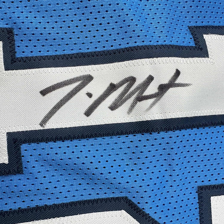 Framed Autographed/Signed Ja Morant 35x39 Memphis Light Blue Basketball Jersey JSA COA