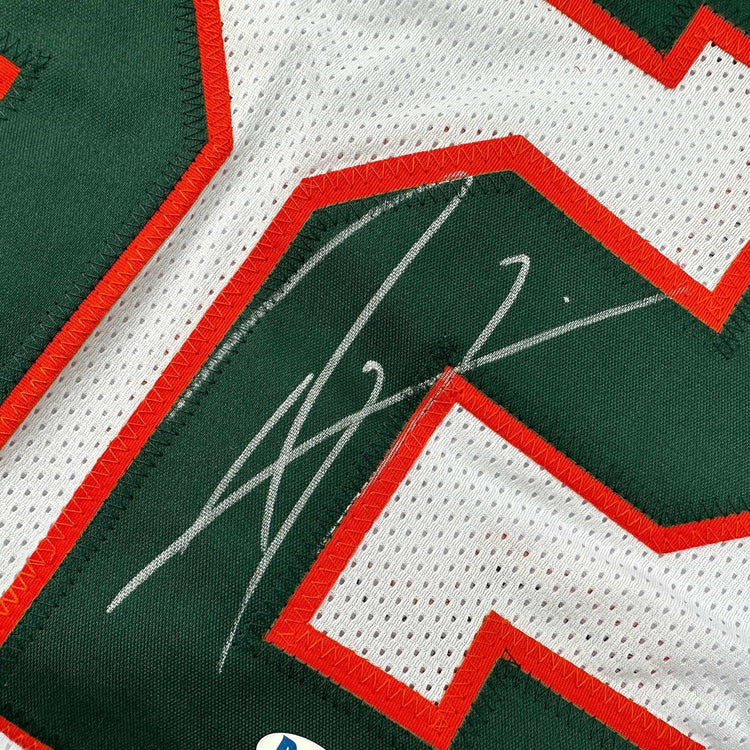 Framed Autographed/Signed Ray Lewis 35x39 Miami White College Football Jersey Beckett BAS COA