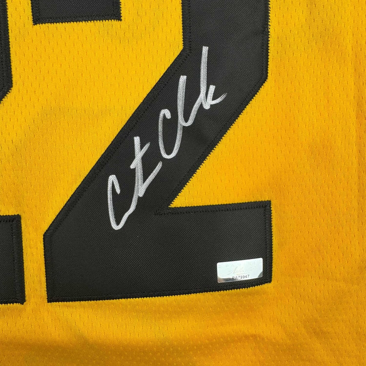Framed Autographed/Signed Caitlin Clark 35x39 Iowa Yellow Basketball Jersey Panini COA
