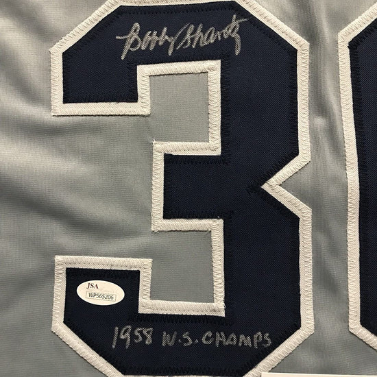 Framed Autographed/Signed Bobby Shantz 33x42 New York Grey Baseball Jersey JSA COA