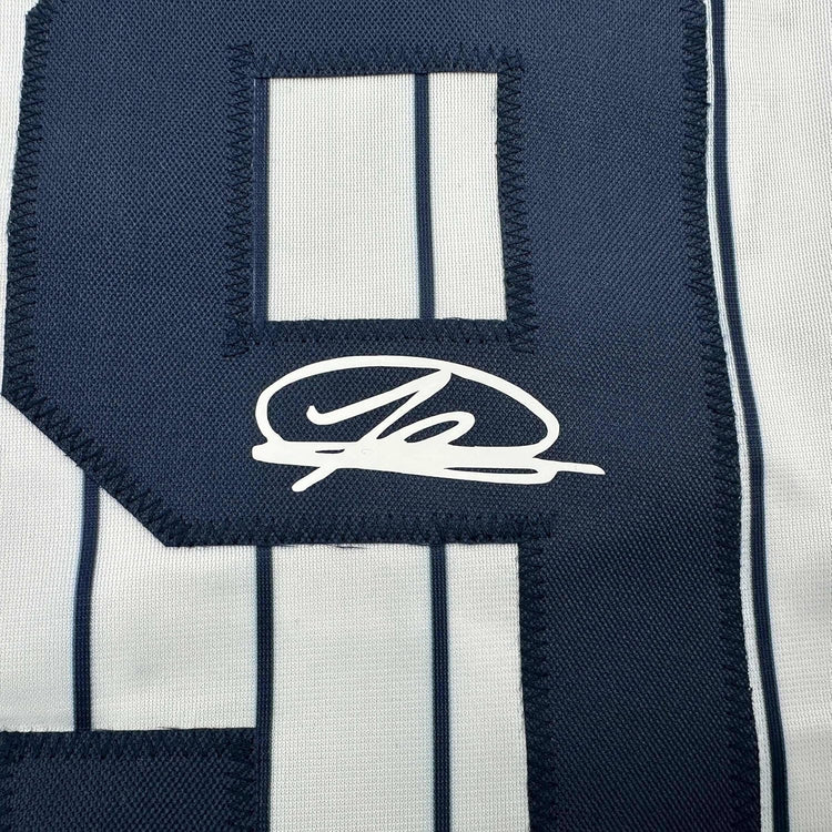 Framed Facsimile Autographed Jasson Dominguez 35x39 New York Pinstripe Reprint Laser Auto Baseball Jersey