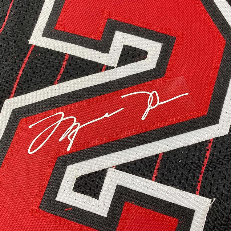 Framed Facsimile Autographed Michael Jordan 35x39 Chicago Black Pinstripe Reprint Laser Auto Basketball Jersey