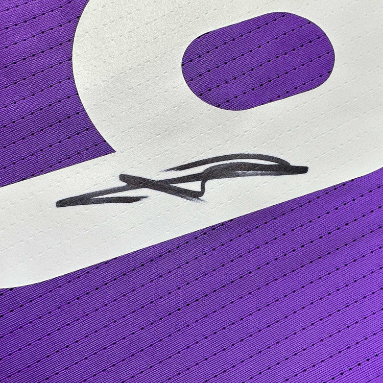 Framed Autographed/Signed Karim Benzema Real Madrid 35x39 2016-17 Purple Soccer Jersey Beckett BAS COA