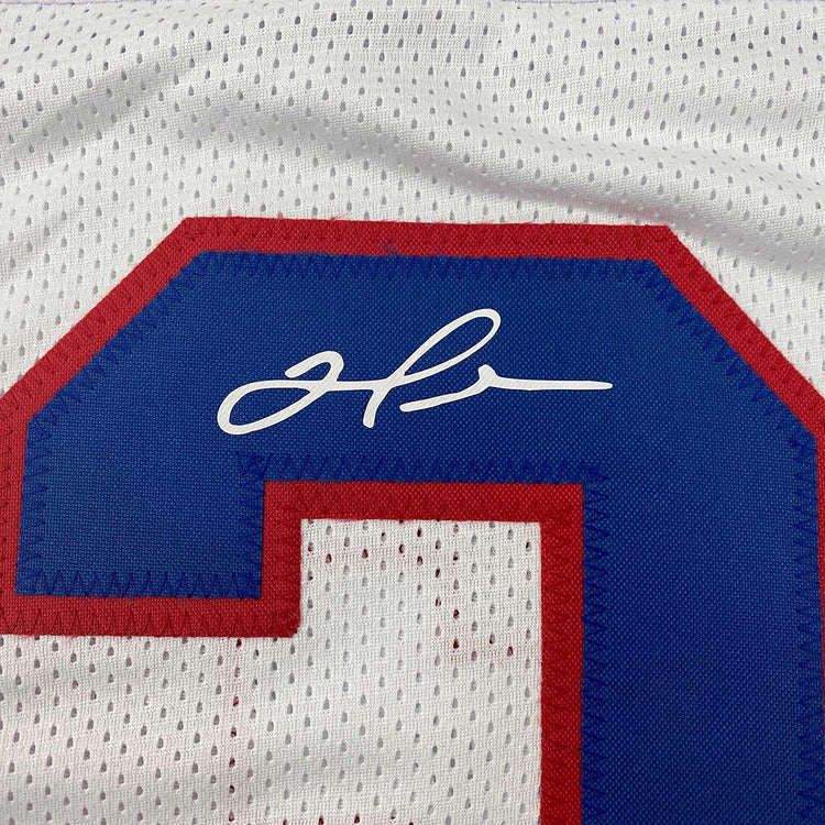Framed Facsimile Autographed Damar Hamlin 35x39 Buffalo White Reprint Laser Auto Football Jersey