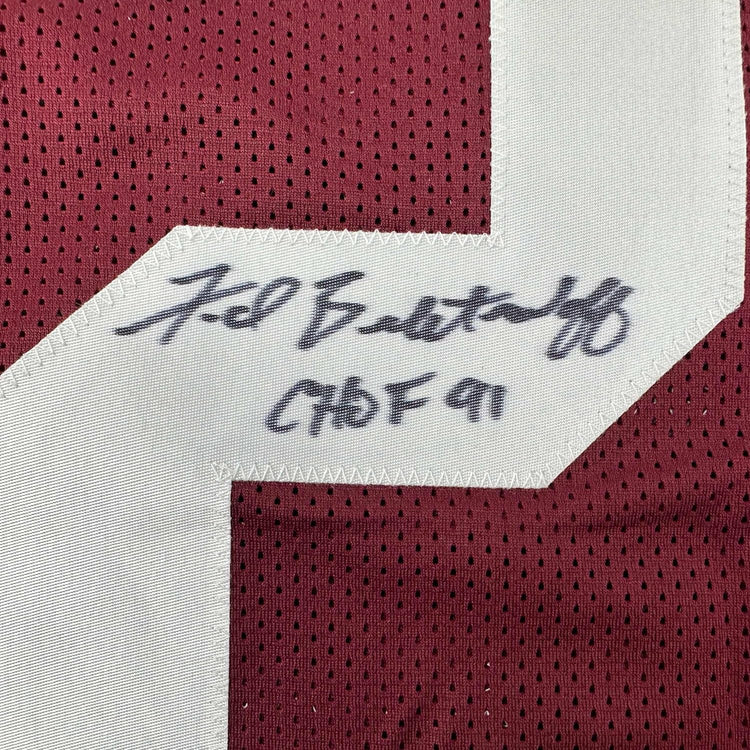 Framed Autographed/Signed Fred Biletnikoff 35x39 CHOF 91 Florida State FSU Red College Football Jersey JSA COA