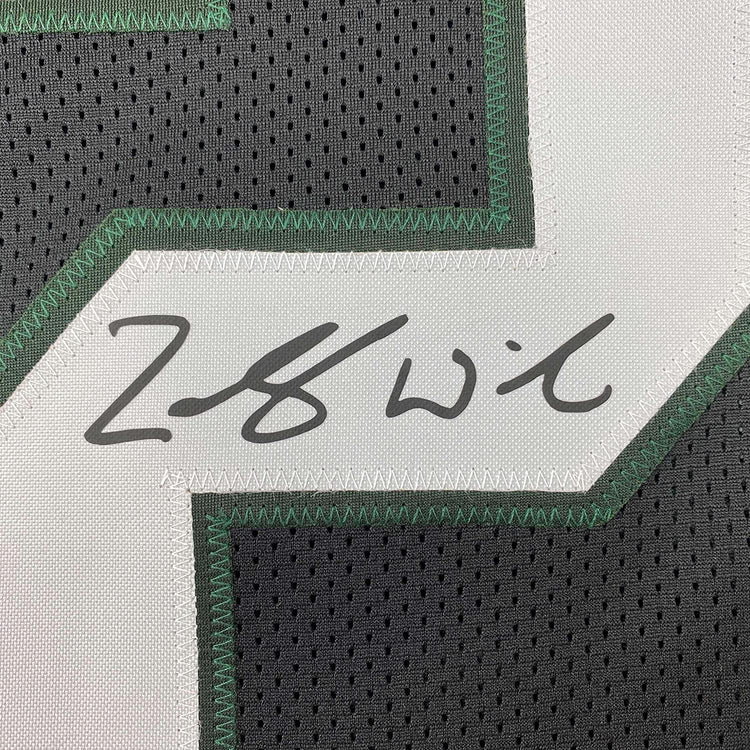 Framed Facsimile Autographed Zach Wilson 35x39 New York Black Reprint Laser Auto Football Jersey