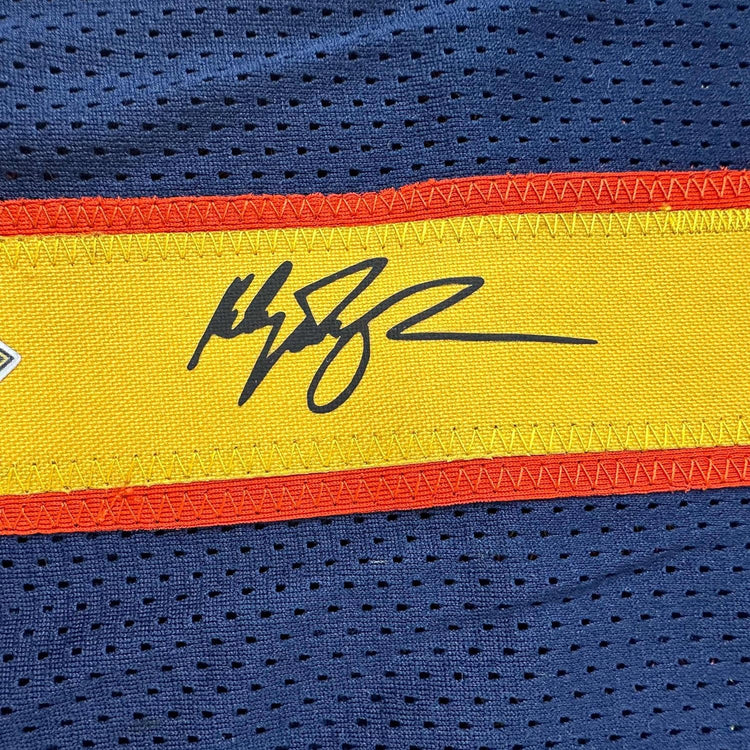 Framed Facsimile Autographed Klay Thompson 35x39 Golden State Navy Blue Retro Reprint Laser Auto Basketball Jersey