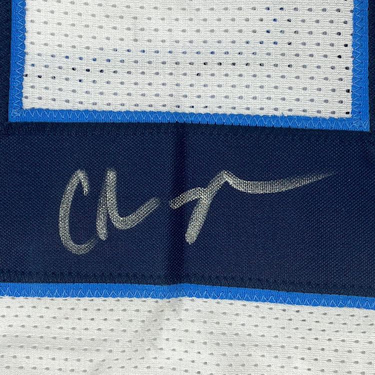 Framed Autographed/Signed Chris Johnson 35x39 Tennessee White Football Jersey JSA COA