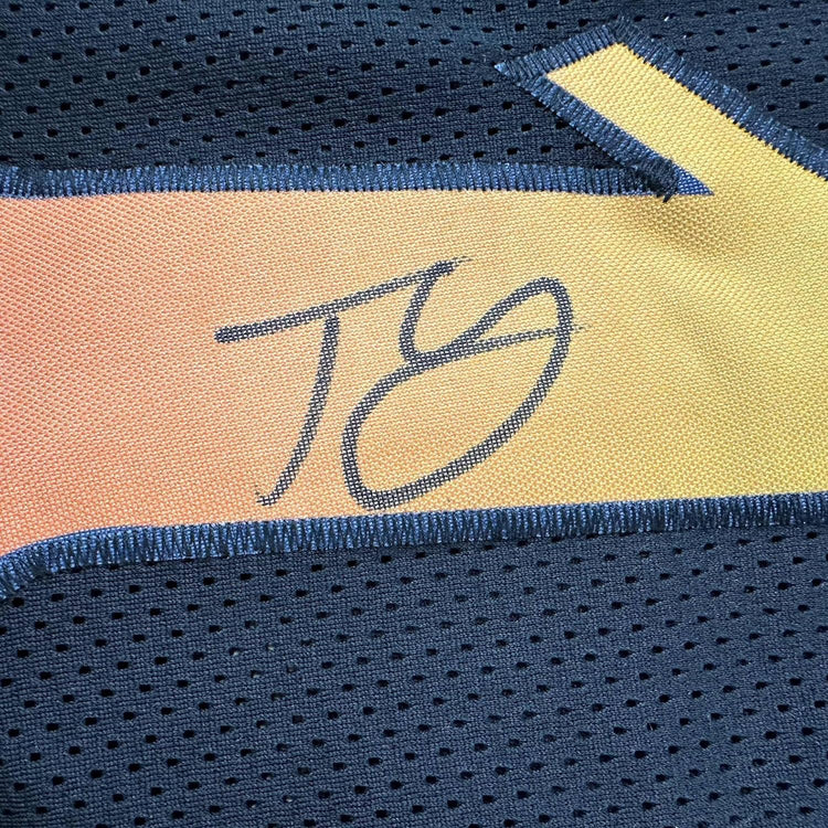 Framed Autographed/Signed Trae Young 35x39 Atlanta Black City Edition Basketball Jersey JSA COA