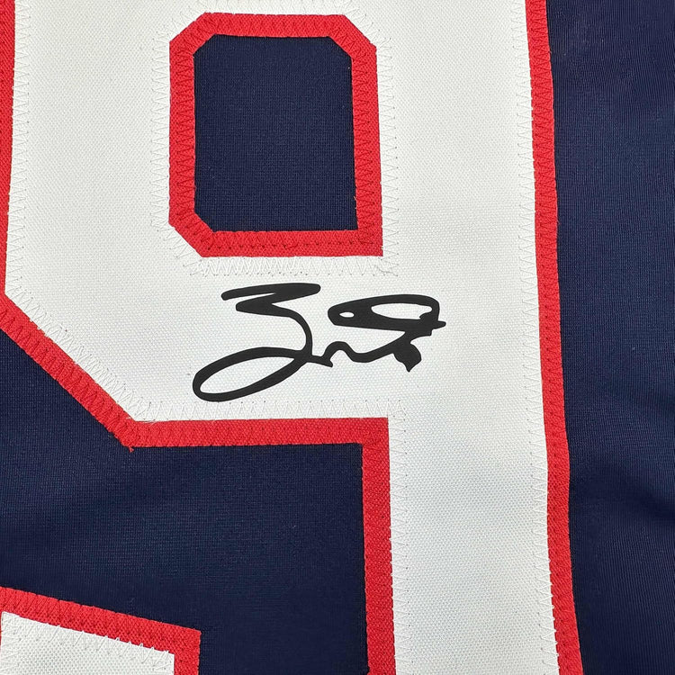 Framed Facsimile Autographed Jack Eichel 35x39 United States USA Blue 2025 4 Nations Face-Off Reprint Laser Auto Hockey Jersey