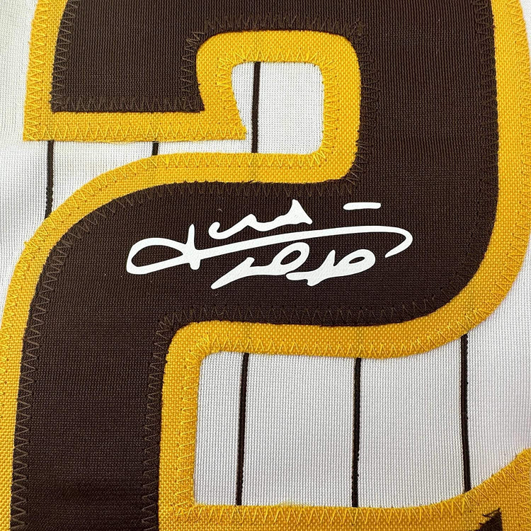 Framed Facsimile Autographed Juan Soto 35x39 San Diego Pinstripe Reprint Laser Auto Baseball Jersey