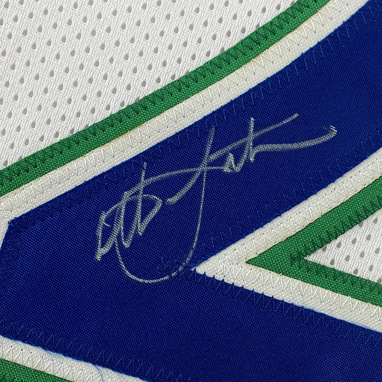 Framed Autographed/Signed Christian Laettner 35x39 Minnesota White Basketball Jersey PSA/DNA COA