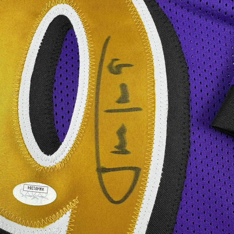 Framed Autographed/Signed Justin Tucker 35x39 Baltimore Purple Color Rush Football Jersey JSA COA