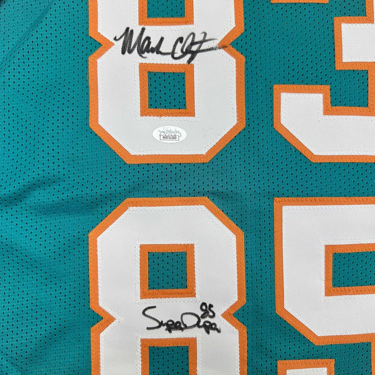 Framed Autographed/Signed Marks Brothers Mark Clayton & Mark Duper 35x39 Miami Teal Football Jersey JSA COA