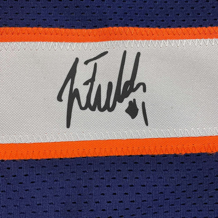 Framed Facsimile Autographed Justin Fields 35x39 Chicago Blue Reprint Laser Auto Football Jersey