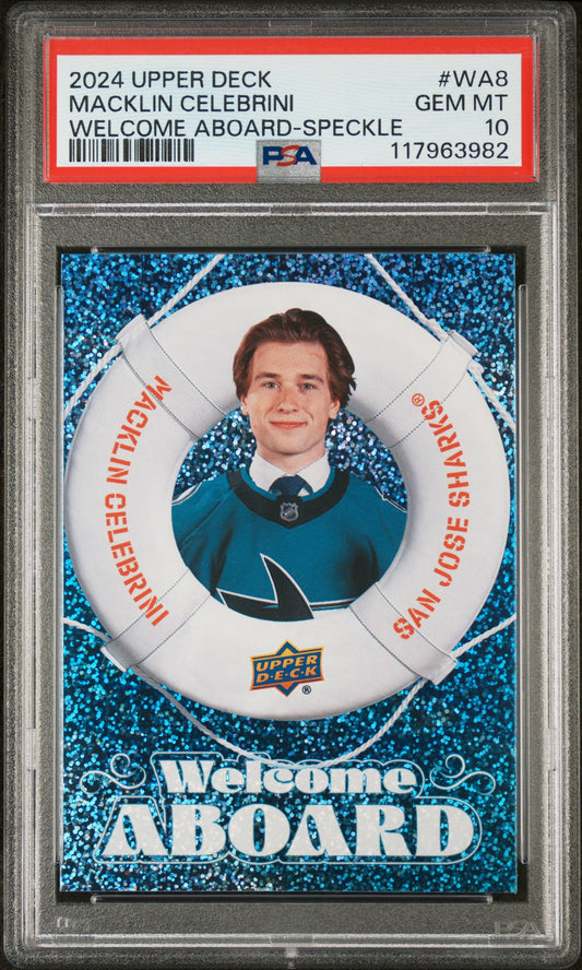 Graded 2024 Upper Deck Macklin Celebrini #WA8 Welcome Aboard Speckle Rookie RC Hockey Card PSA 10 Gem Mint
