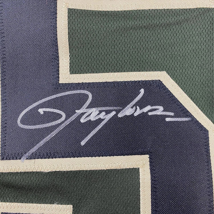 Framed Autographed/Signed Lawrence Taylor 35x39 New York Green Salute To Service Football Jersey Beckett BAS COA