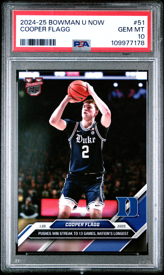 Graded 2024 Topps Bowman U Now Cooper Flagg #51 Pushes Win Streak to 13 Games, Nations Longest Rookie RC Basketball Card PSA 10 Gem Mint