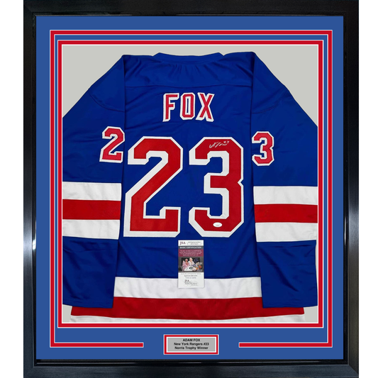 Framed Autographed/Signed Adam Fox 35x39 New York Blue Hockey Jersey JSA COA