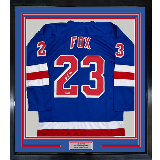Framed Facsimile Autographed Adam Fox 35x39 New York Blue Reprint Laser Auto Hockey Jersey