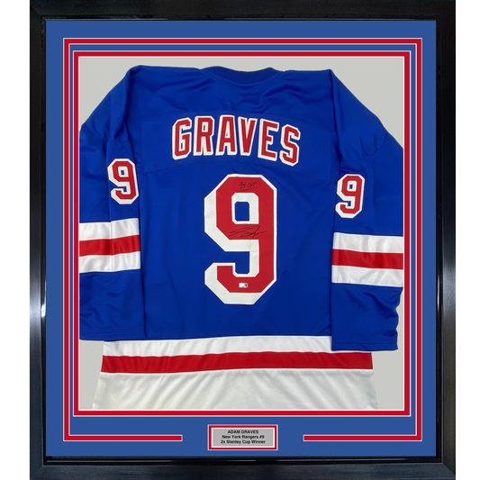 Framed Autographed/Signed Adam Graves 35x39 94 Cup New York Blue Hockey Jersey Steiner COA