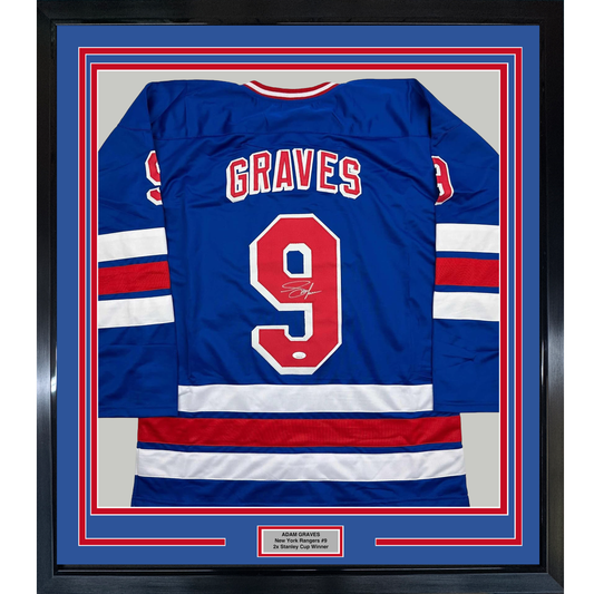 Framed Autographed/Signed Adam Graves 35x39 New York Blue Hockey Jersey Beckett BAS COA