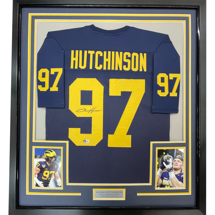 Framed Autographed/Signed Aidan Hutchinson 35x39 Michigan Blue College Football Jersey Beckett BAS COA
