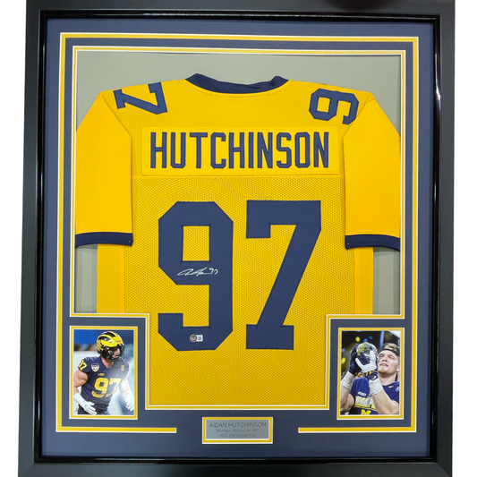 Framed Autographed/Signed Aidan Hutchinson 35x39 Michigan Yellow College Football Jersey Beckett BAS COA