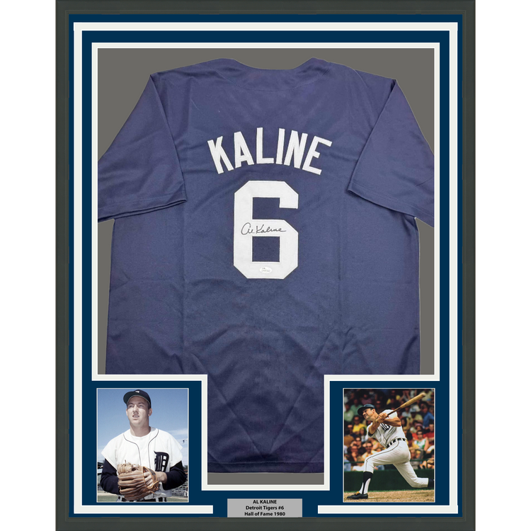 Framed Autographed/Signed Al Kaline 35x39 Detroit Blue Baseball Jersey JSA COA