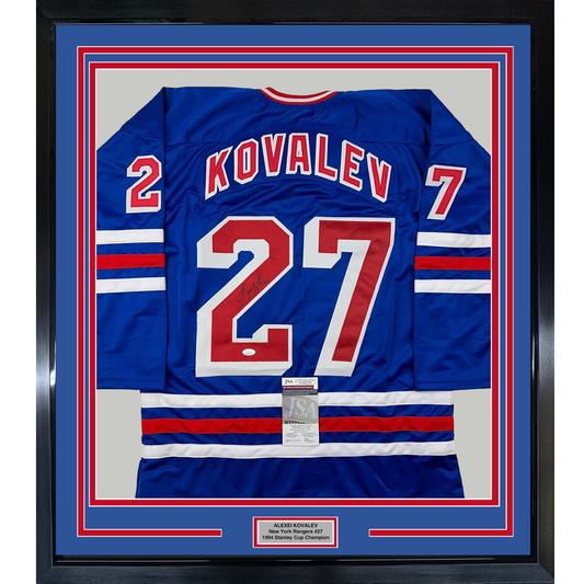 Framed Autographed/Signed Alexei Kovalev 35x39 New York Blue Hockey Jersey JSA COA