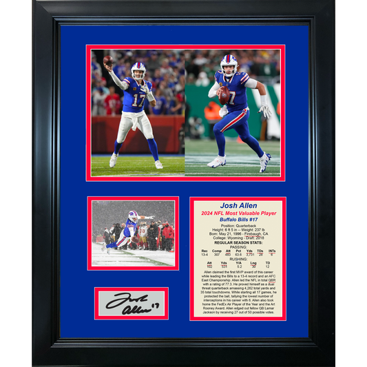 Framed Josh Allen 2024 NFL MVP Most Valuable Player Facsimile Laser Engraved Signature Auto Buffalo Bills 11"x14" Football Photo Sig Collage