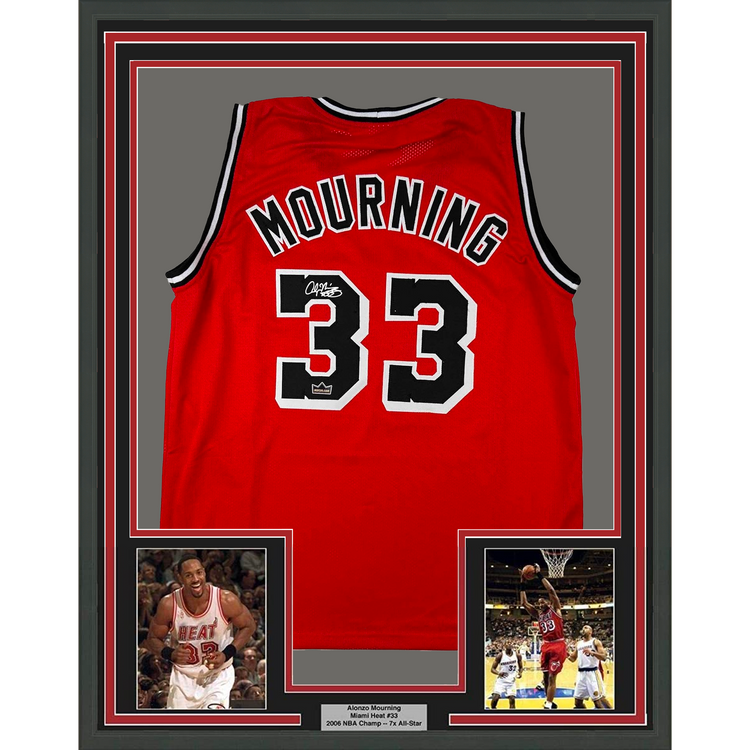 Framed Facsimile Autographed Alonzo Mourning 35x39 Miami Red Reprint Laser Auto Basketball Jersey