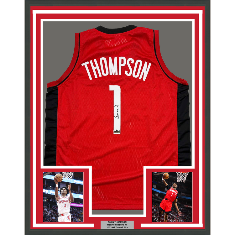 Framed Facsimile Autographed Amen Thompson 35x39 Houston Red Reprint Laser Auto Basketball Jersey