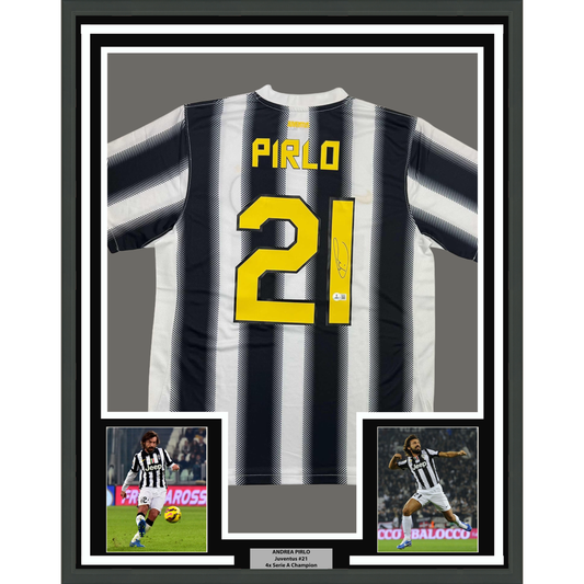 Framed Autographed/Signed Andrea Pirlo 35x39 Juventus White Soccer Jersey Beckett BAS COA