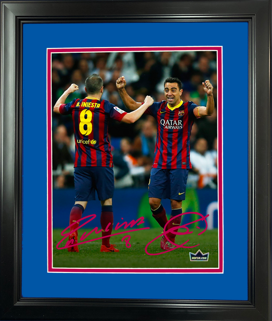 Framed Andres Iniesta & Xavi FC Barcelona Dual Facsimile Laser Engraved Signature Auto 11"x14"Soccer Photo HOFSM Holo