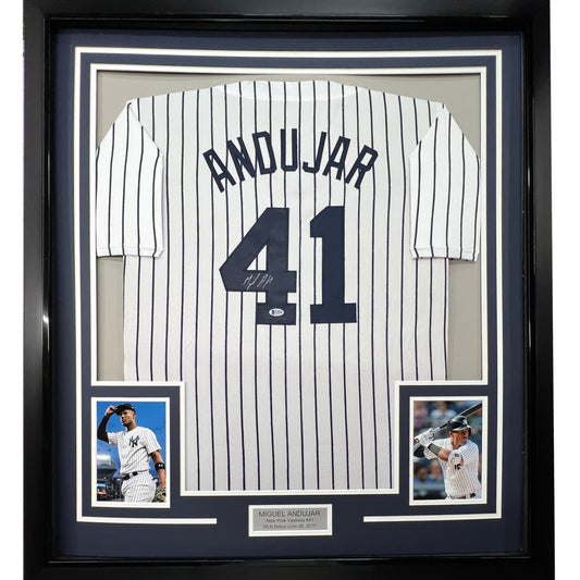 Framed Autographed/Signed Miguel Andujar 35x39 New York Pinstripe Baseball Jersey Beckett BAS COA